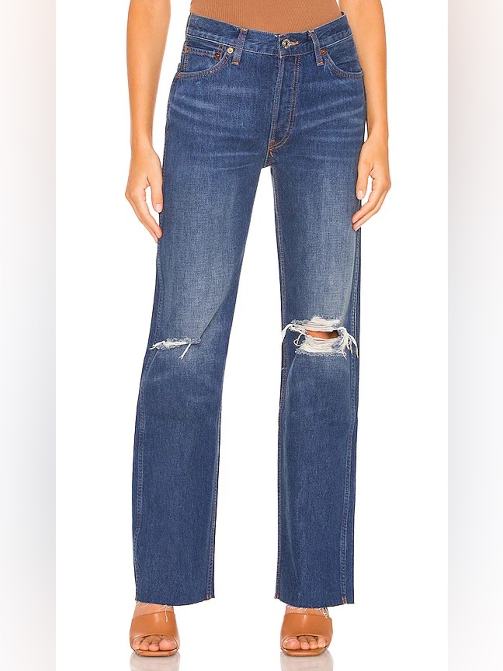 Re/Done 90’s High Rise Loose Jeans Destroyed Broken Blue Raw Hems Size 28